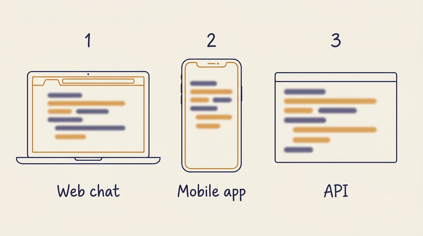 Diagram of the three ways to reach DeepSeek's models: a browser web chat, a mobile app, and a developer API