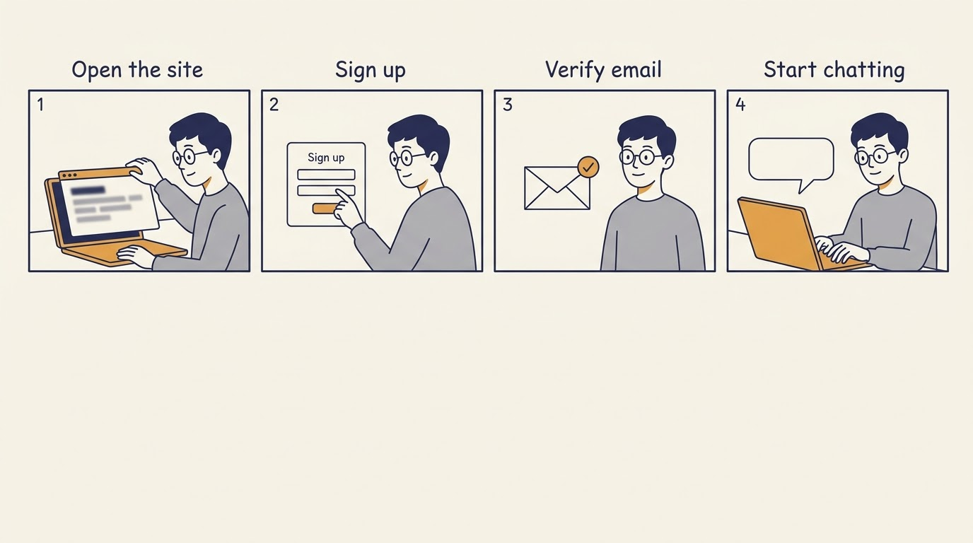 Four-panel storyboard of signing in to DeepSeek web: open the site, sign up, verify the email, start chatting