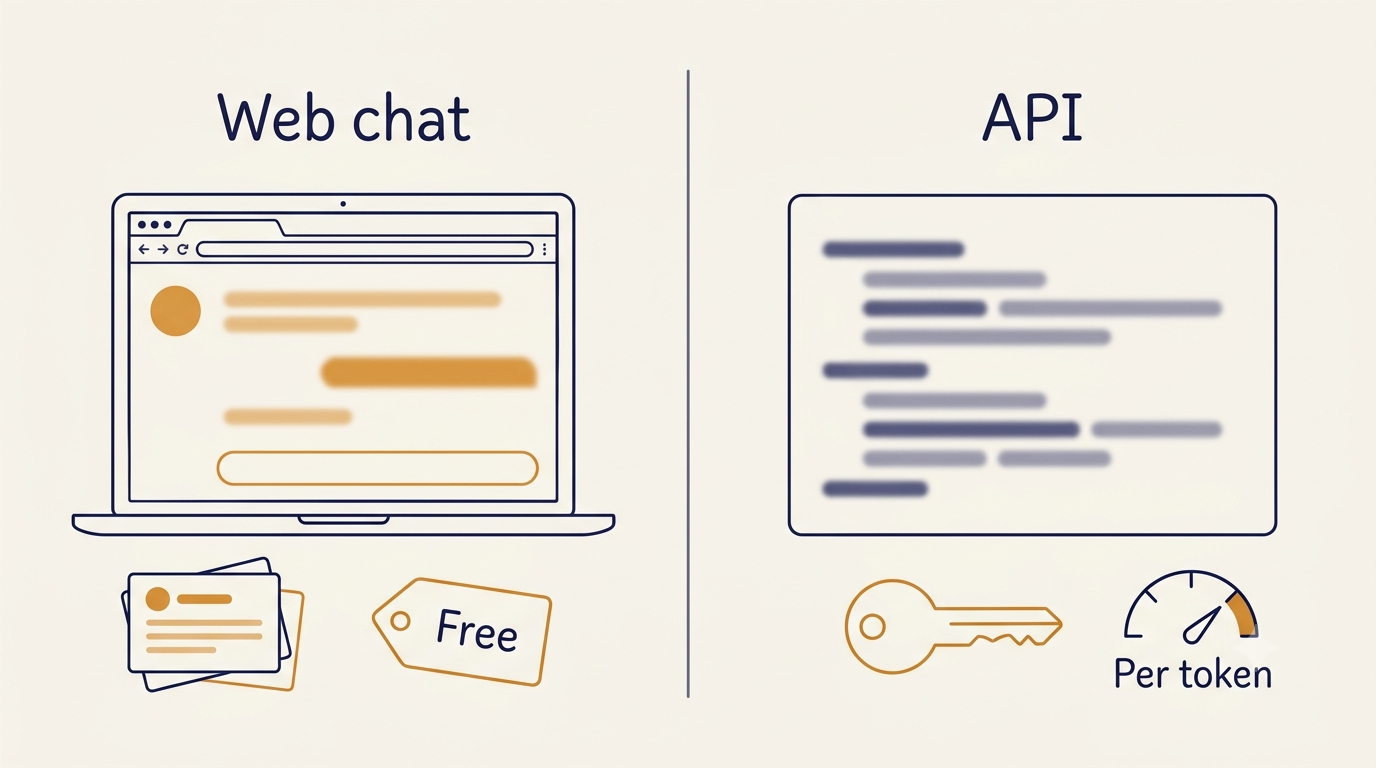 Split diagram comparing DeepSeek web chat, which is free and keeps saved conversations, with the DeepSeek API, which needs a key and bills per token