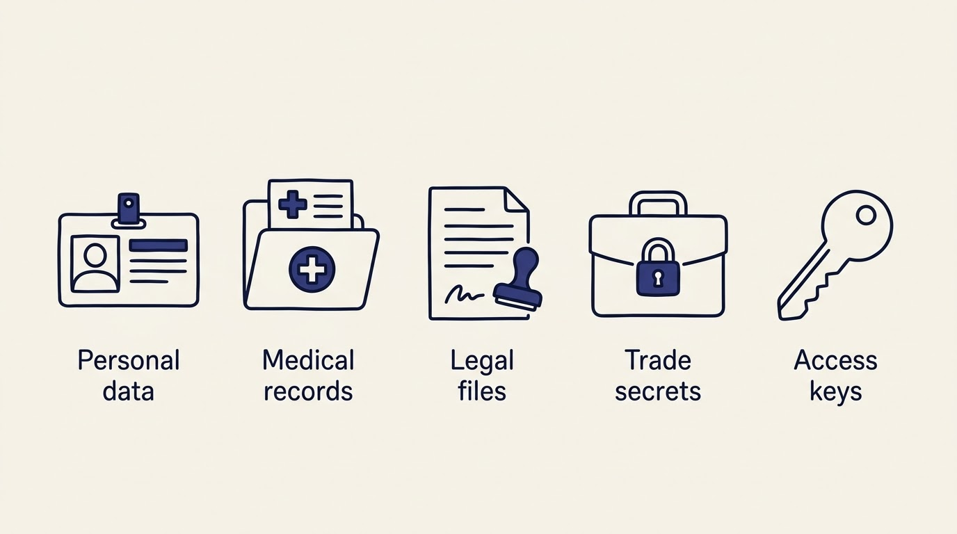 Five monoline icons showing categories of data to keep out of a hosted AI chat: personal data, medical records, legal files, trade secrets and access keys